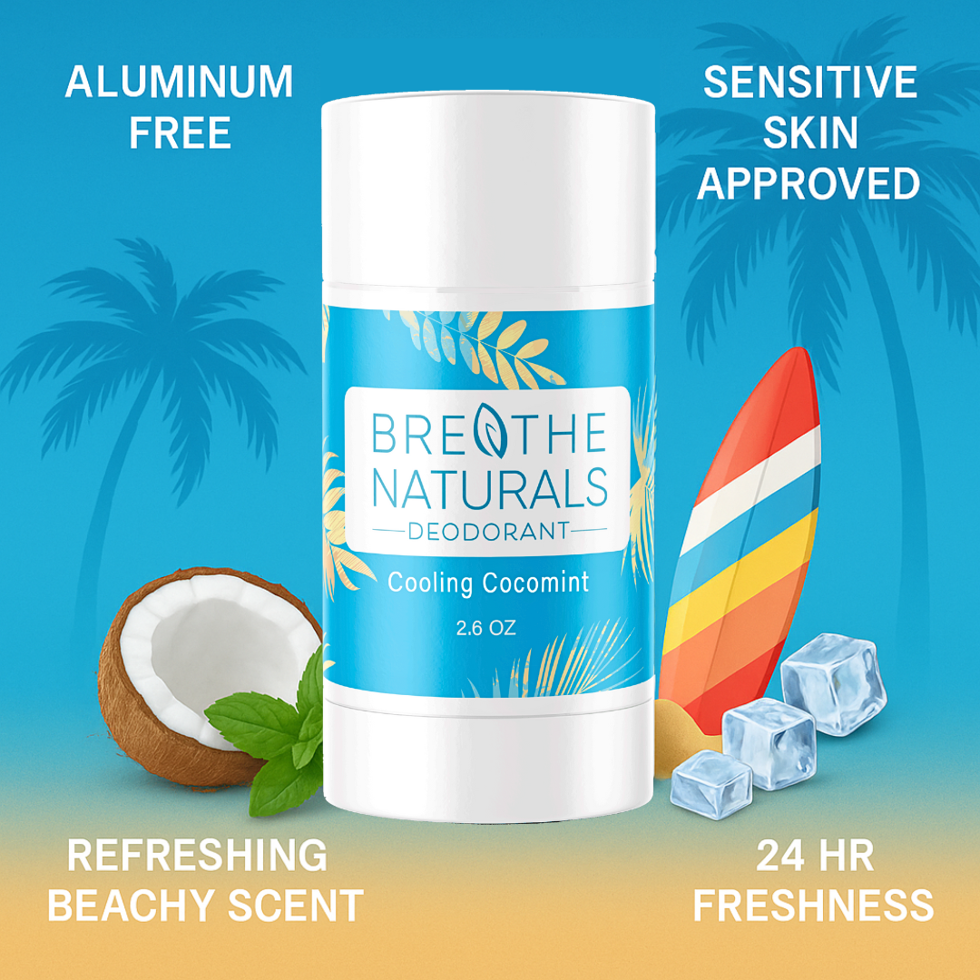 Breathe Naturals non-toxic deodorant stick with beach-themed design on a blue and orange gradient background. Best deodorant for sensitive skin.