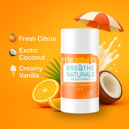 Breathe Naturals deodorant with orange, coconut, and vanilla elements on an orange background