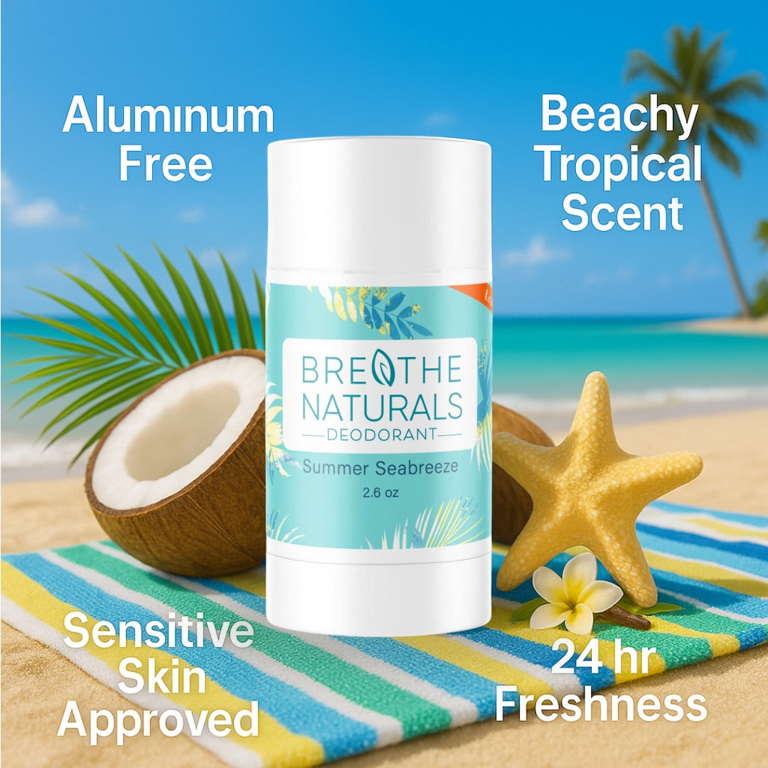 Deodorant stick with beach-themed packaging on a tropical setting background