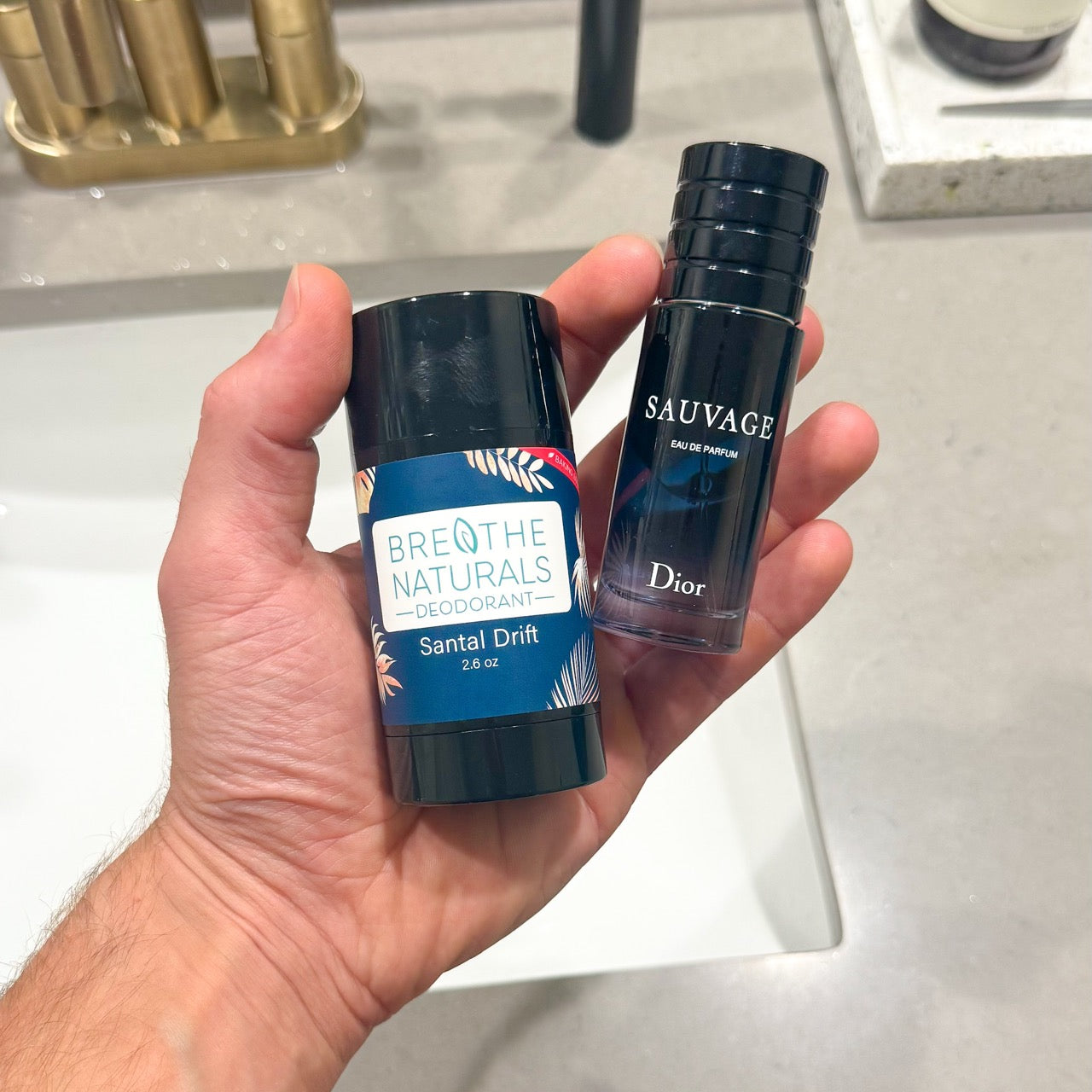 Breathe Naturals gentle all-natural deodorant for women with sensitive skin prone to rashes show with Sauvage Parfum