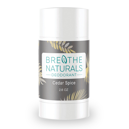 Breathe Naturals Cedar Spice deodorant stick on a white background