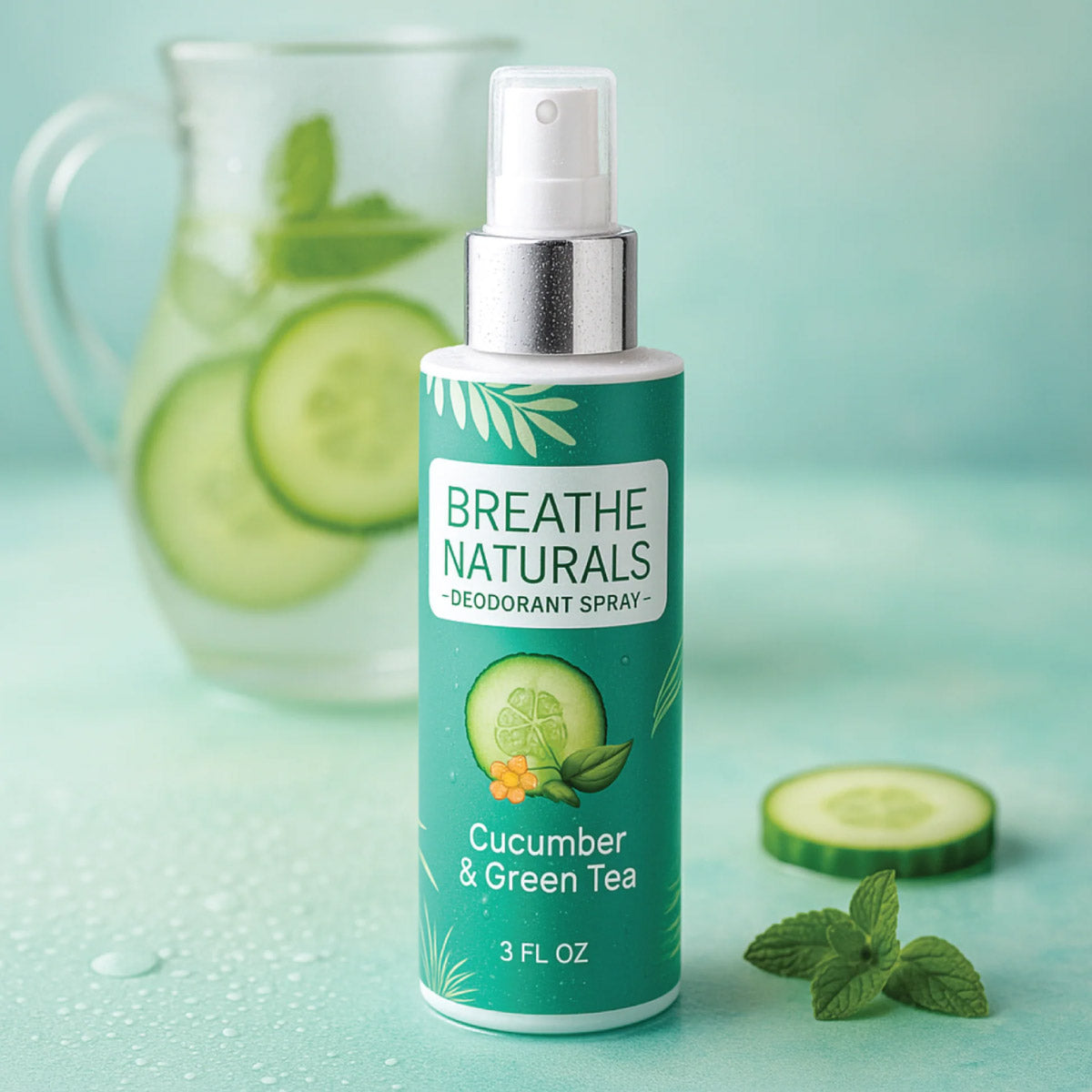 Bottle of Breathe Naturals cucumber and green tea deodorant spray with cucumbers and mint leaves in the background. The best baking soda free deodorant for sensitive skin.