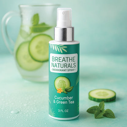 Bottle of Breathe Naturals cucumber and green tea deodorant spray with cucumbers and mint leaves in the background. The best baking soda free deodorant for sensitive skin.
